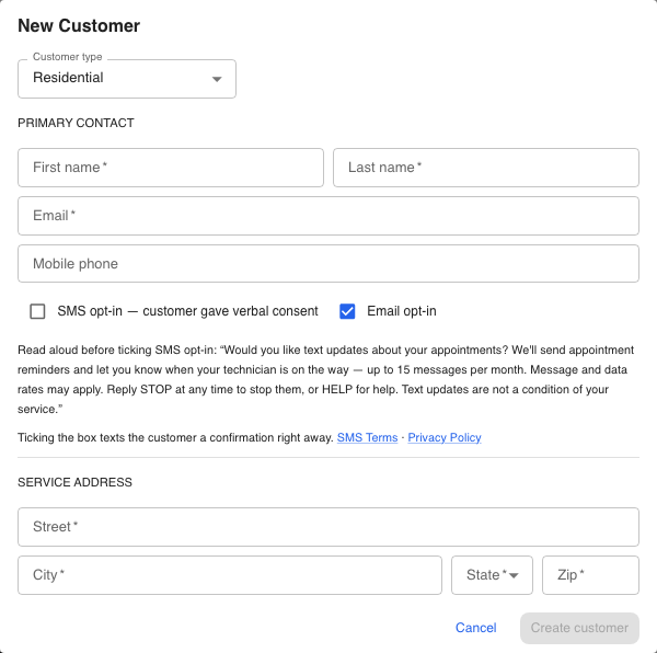 The Add Customer screen in the Service Routes Pro office application, showing the SMS opt-in checkbox unticked by default, labeled 'SMS opt-in — customer gave verbal consent', with the verbal consent script displayed beneath it.