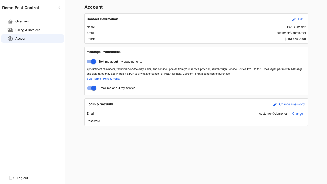 The Account page of the signed-in customer portal, showing Contact Information, a Message Preferences card with a switch labeled 'Text me about my appointments' and the SMS disclosure beneath it, and Login and Security.