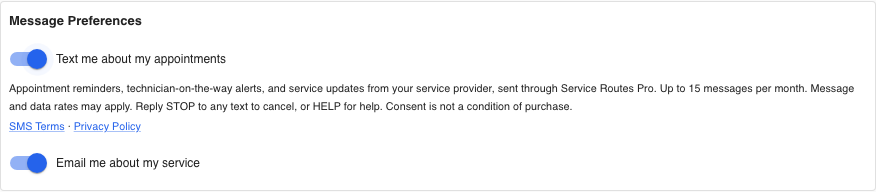 Close-up of the Message Preferences card: a switch labeled 'Text me about my appointments' above the SMS disclosure text, and a separate switch for email.